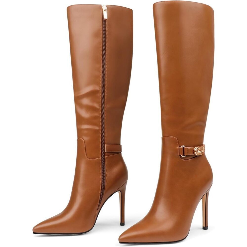 Women's Brown Matte Stiletto Slouch Knee High Dress Boots Pointed Toe Buckle